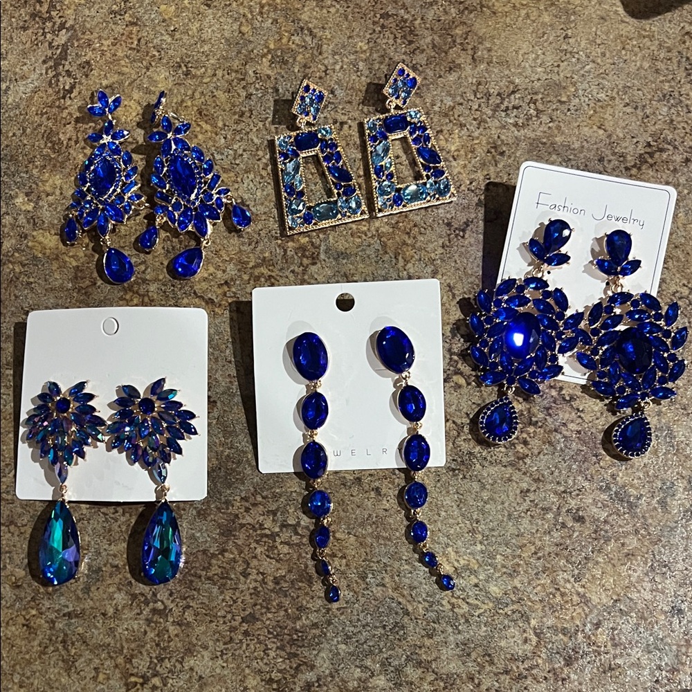 Elegant Blue Rhinestone Crystal Statement Earrings Sets Prom Formal Wedding